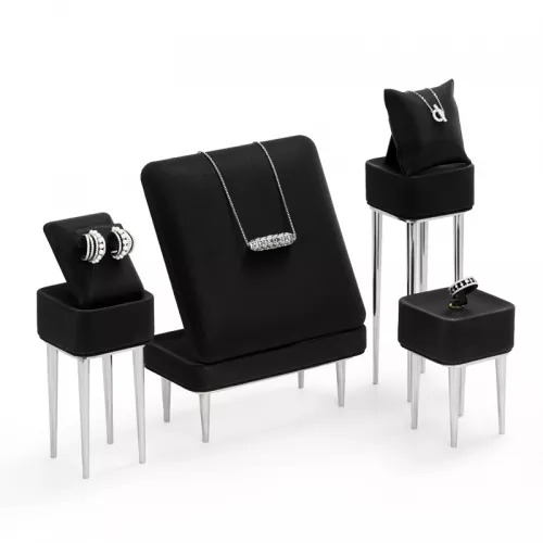 FANXI new design black leather jewelry display set with metal base for ring earring pendant