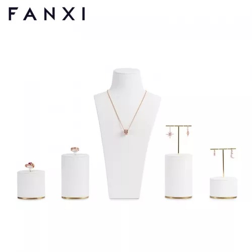 FANXI new design white leather colour jewelry counter display set with golden metal base