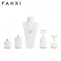FANXI new design white leather colour jewelry counter display set with golden metal base