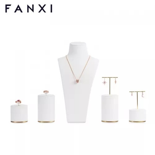 FANXI new design white leather colour jewelry counter display set with golden metal base