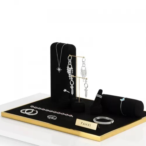 FANXI luxury metal frame black microfiber jewelry display stand set