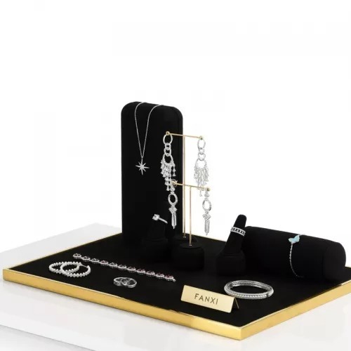 FANXI luxury metal frame black microfiber jewelry display stand set