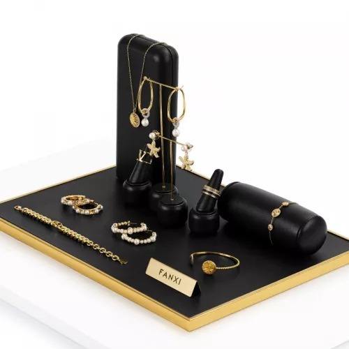 FANXI luxury metal frame black leather jewelry display stand set