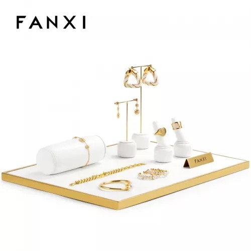 FANXI luxury metal frame white leather jewelry display stand set