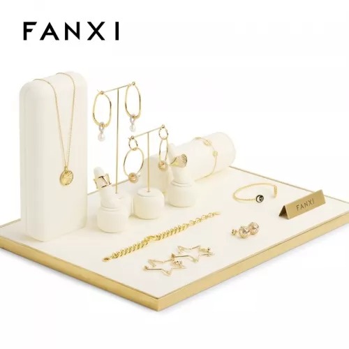 FANXI luxury metal frame jewelry display set with beige microfiber