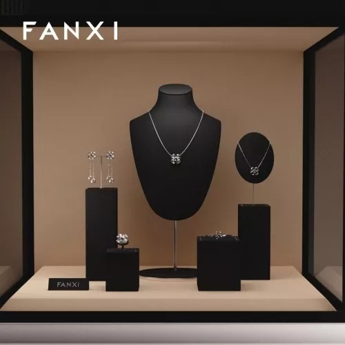 FANXI luxury black microfiber jewelry display stand set with metal