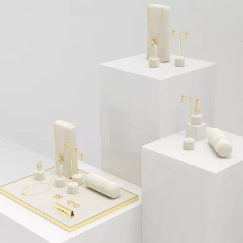 FANXI luxury metal frame jewelry display set with beige microfiber