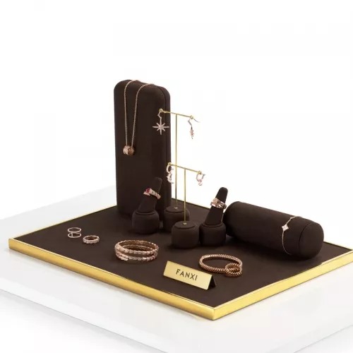 FANXI luxury metal frame brown microfiber jewelry display stand set