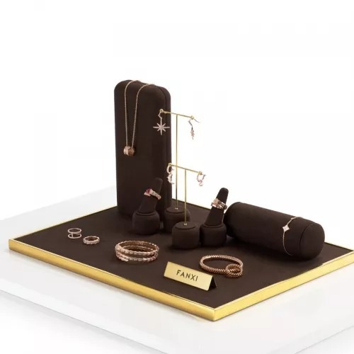 FANXI luxury metal frame brown microfiber jewelry display stand set