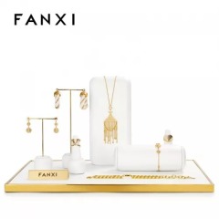 FANXI luxury metal frame white leather jewelry display stand set