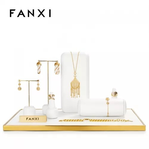 FANXI luxury metal frame white leather jewelry display stand set