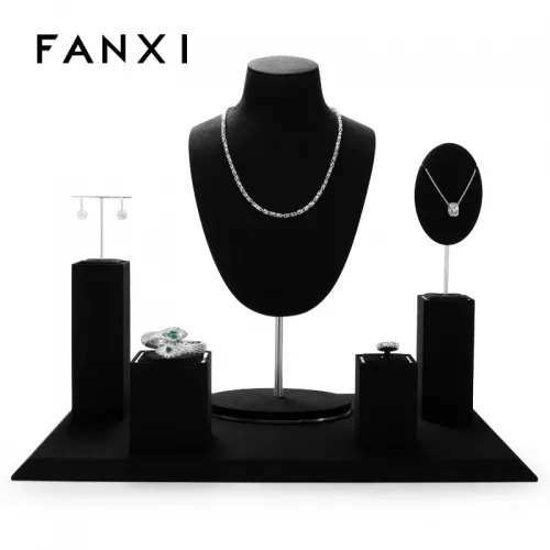 FANXI luxury black microfiber jewelry display stand set with metal