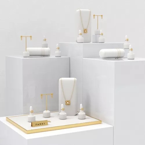FANXI luxury metal frame white leather jewelry display stand set