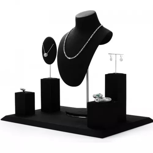 FANXI luxury black microfiber jewelry display stand set with metal