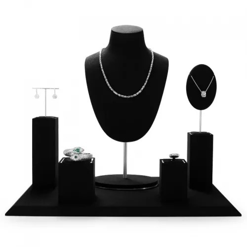 FANXI luxury black microfiber jewelry display stand set with metal