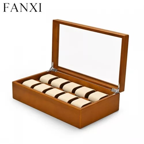 Wooden watch organizer case with glass window