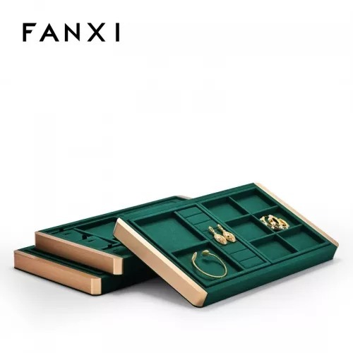Luxury metal frame jewelry display tray with green microfiber