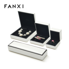 FANXI Custom Logo Luxury White PU Packaging Boxes With Black Edge And Velvet Insert For Ring Necklace Bracelet Leather Jewellery Box