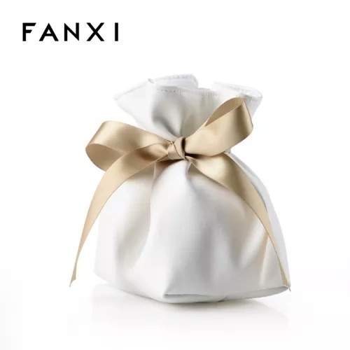 FANXI Custom Logo Soft PU Bag With Gold Ribbon And Suede Pillow For Watch Bangle Bracelet Packaging White Leather Jewelry Pouch