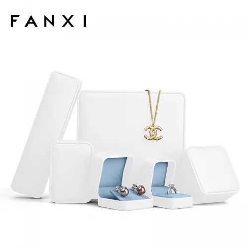 White PU leather jewelry packing box with gray microfiber inside
