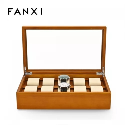 Wooden watch organizer case with glass window