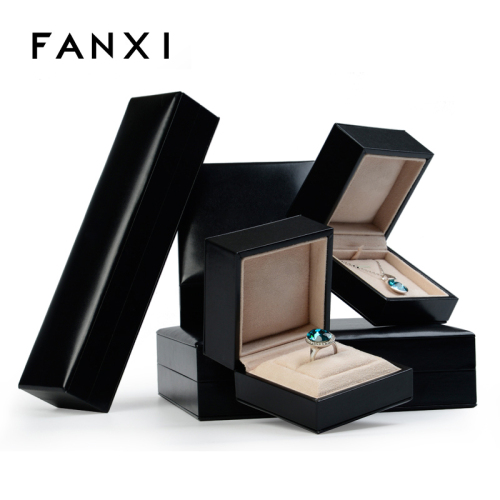 FANXI OEM Black PU leather Jewellery Ring Neclace Bracelet Packing Boxes With Beige Suede Insert Deluxe Custom Logo Jewelry Box