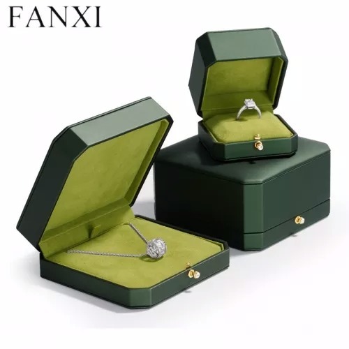 Custom logo & colour green leather jewelry packaging box with microfiber inside