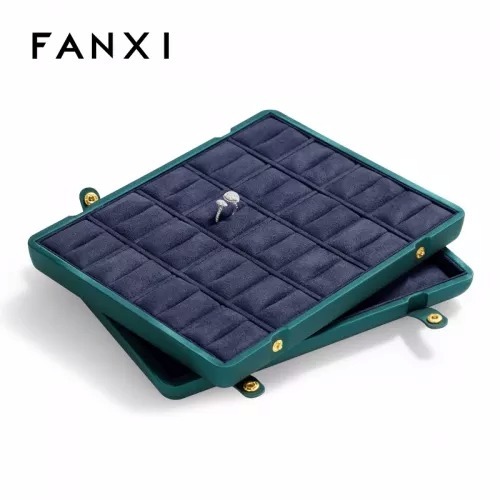 New design green PU leather jewelry organizer case with gray microfiber inside