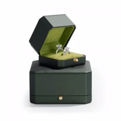 Custom logo & colour green leather jewelry packaging box with microfiber inside