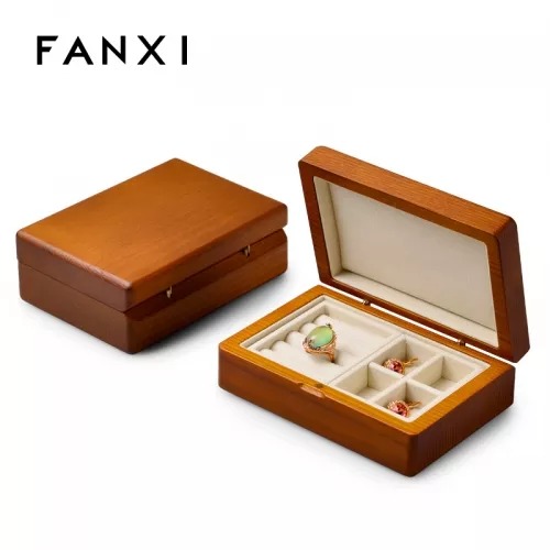 Solid wood jewellery organizer box case with cream gray microfiber inside for ring earring pendant