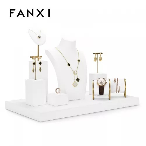 FANXI new design white colour jewelry display set with metal frame