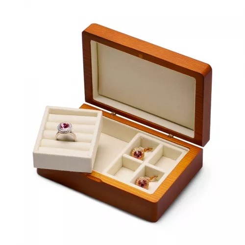 Solid wood jewellery organizer box case with cream gray microfiber inside for ring earring pendant