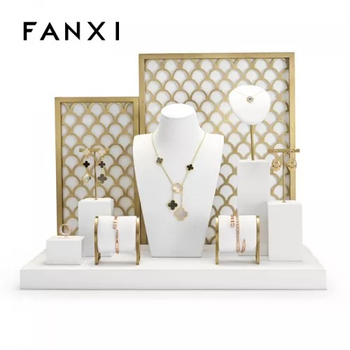 FANXI new design white colour jewelry display set with metal frame