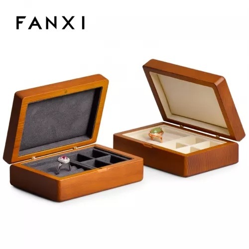 Solid wood jewellery organizer box case with cream gray microfiber inside for ring earring pendant