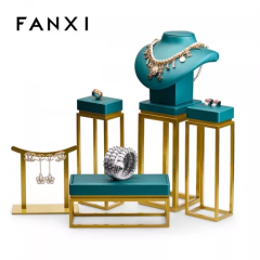 Luxury metal frame jewelry display set with green PU leather