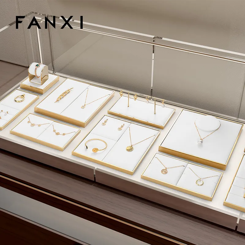 FANXI luxury metal frame jewelry stand with white PU leather