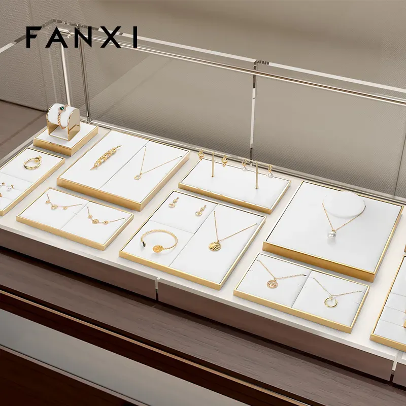 FANXI luxury metal frame jewelry stand with white PU leather