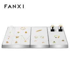 FANXI hot sale metal frame white leather jewelry display set with logo