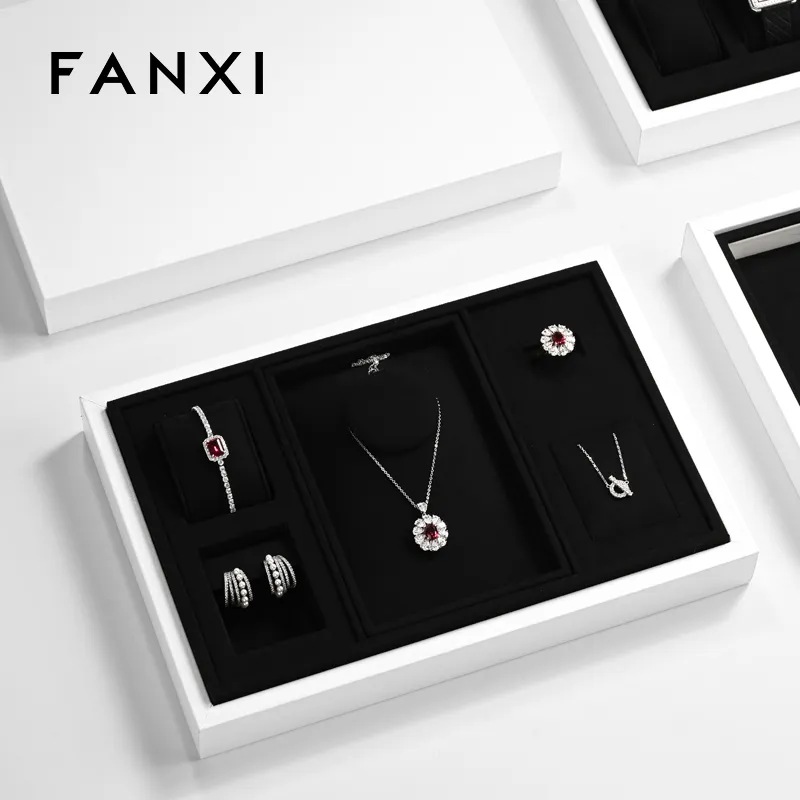 FANXI fashion white leather jewellery tray with black microfiber inside