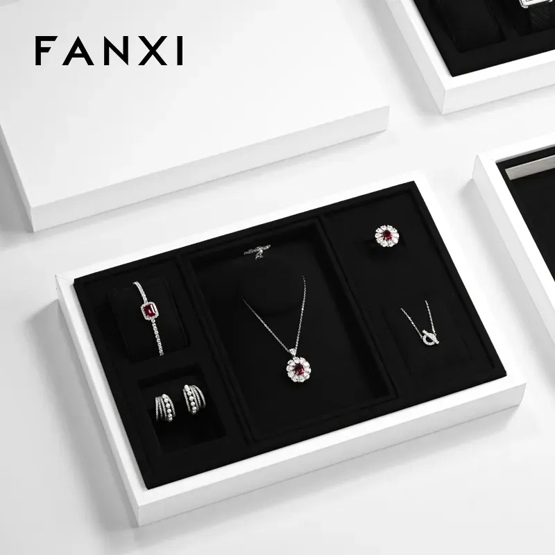 FANXI fashion white leather jewellery tray with black microfiber inside