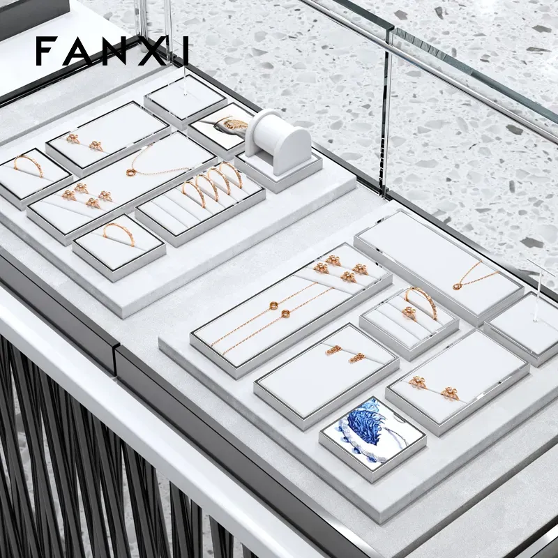 FANXI luxury white microfiber jewelry display stand with smooth metal