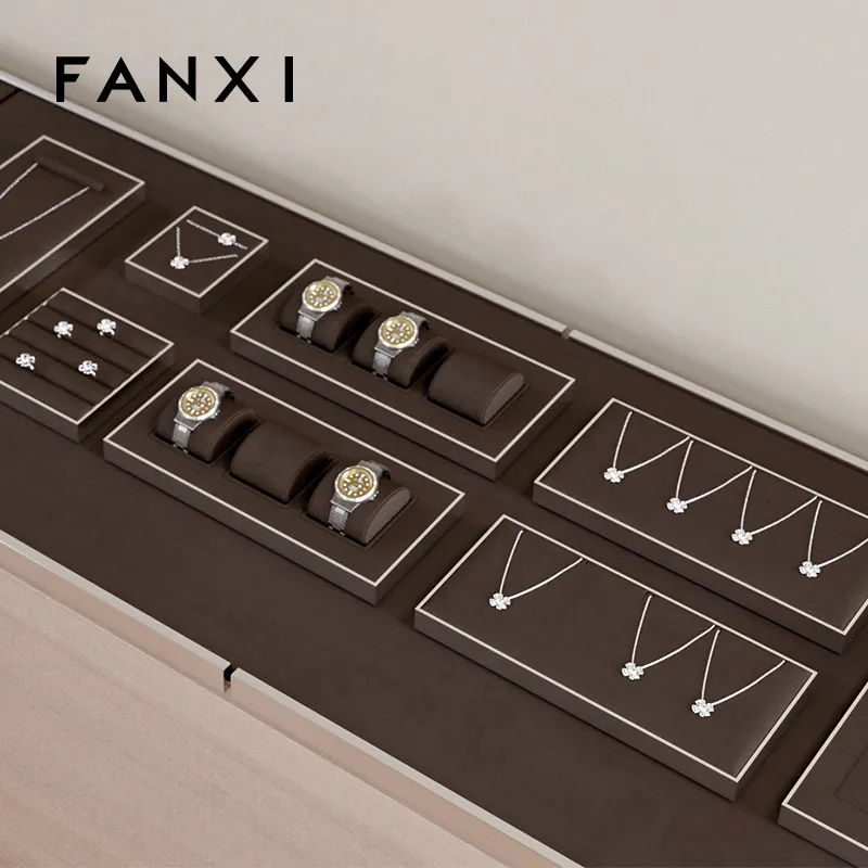 FANXI wholesale luxurious metal frame jewelry display with brown microfiber