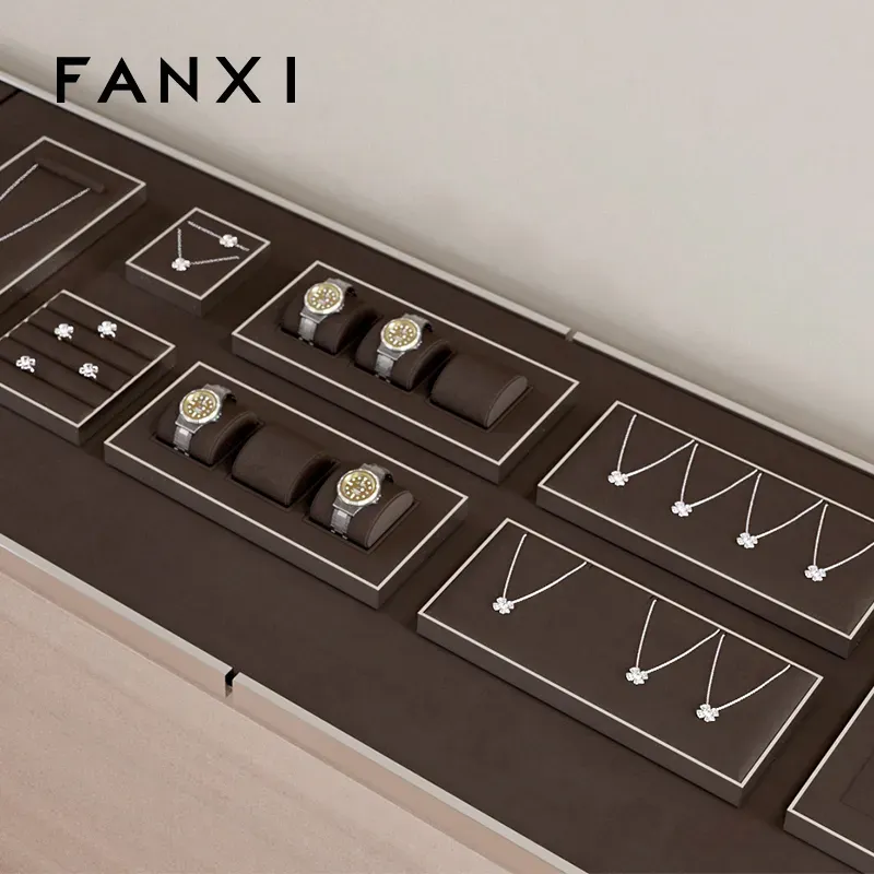 FANXI wholesale luxurious metal frame jewelry display with brown microfiber