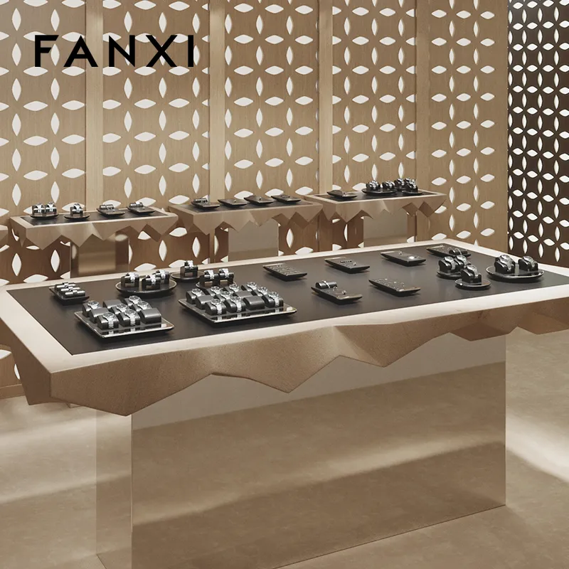 FANXI custom black colour leather window jewelry display with metal frame