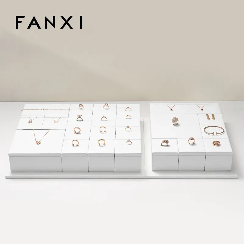 FANXI high quality wooden jewelry display with white PU leather