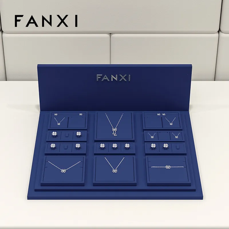 FANXI luxury wooden jewelry display set with blue microfiber