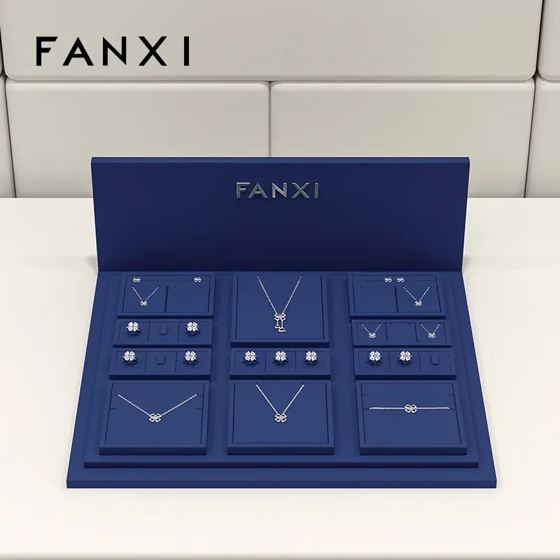 FANXI luxury wooden jewelry display set with blue microfiber