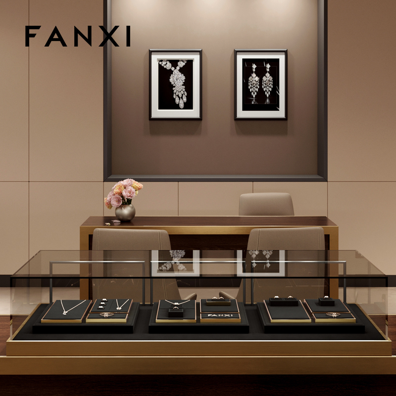 FANXI fashion luxury black microfiber jewelry display set with smooth metal
