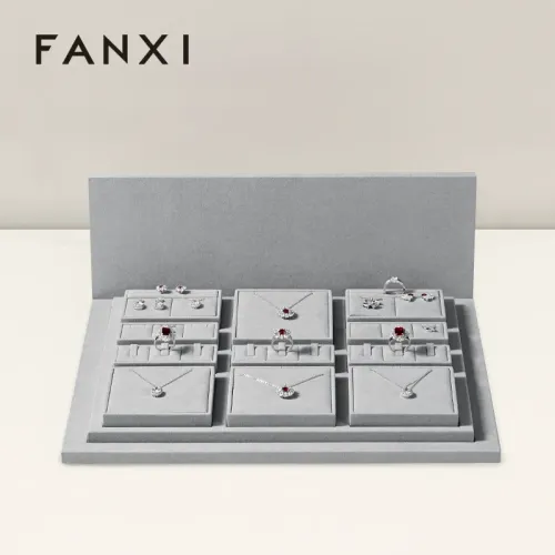 FANXI luxury wood jewelry display set with gray microfiber