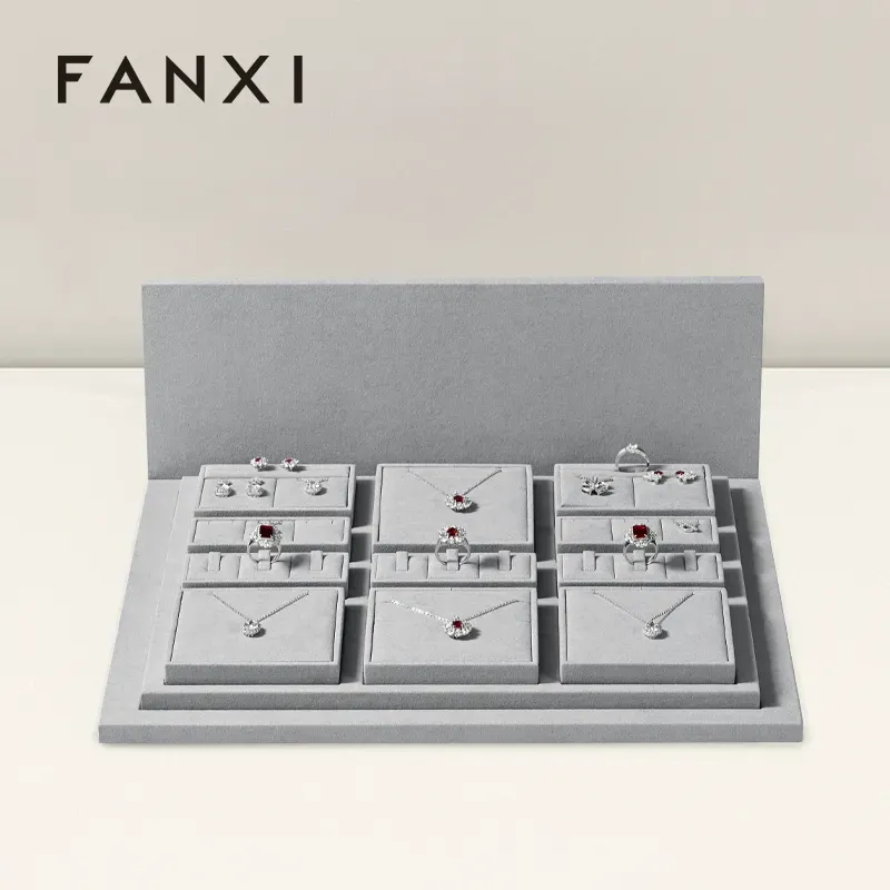 FANXI luxury wood jewelry display set with gray microfiber